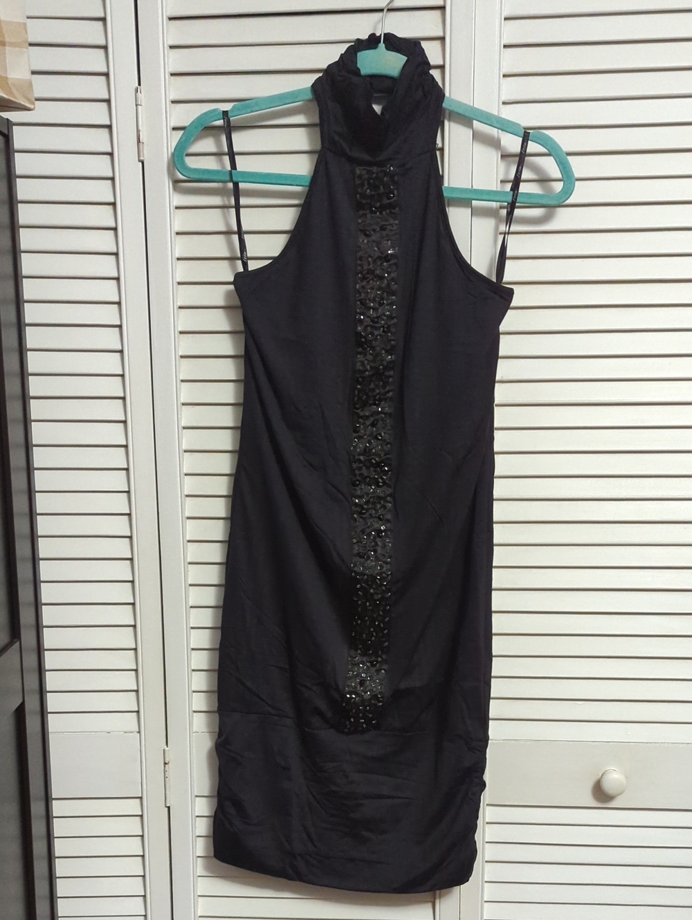"Foxy Jeans" Black Halter Midi Dress with Beaded Front Panel